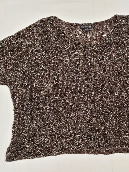 Eileen Fisher Tops - Eileen Fisher Brown Gold Metallic Linen Open Knit SweaterSize Small Italian Yarn